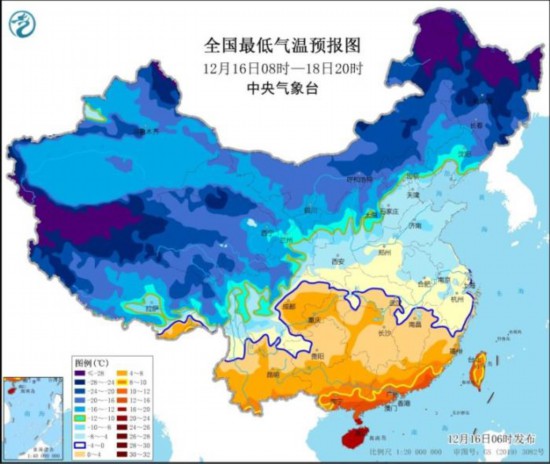 全國(guó)最低氣溫預(yù)報(bào)圖(12月16日8時(shí)-18日20時(shí))